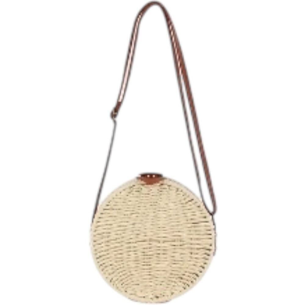 Round Woven Cream Straw Crossbody Bag